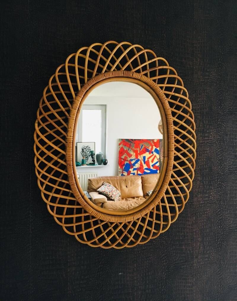 Midcentury Modern Boho Design Bamboo Oval Mirror By Franco Albini For Bonacina, Italy 1960's photo Home Decor