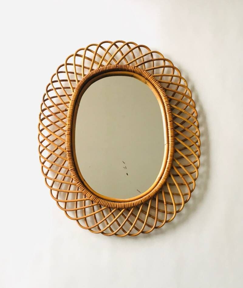 Midcentury Modern Boho Design Bamboo Oval Mirror By Franco Albini For Bonacina, Italy 1960's photo buy