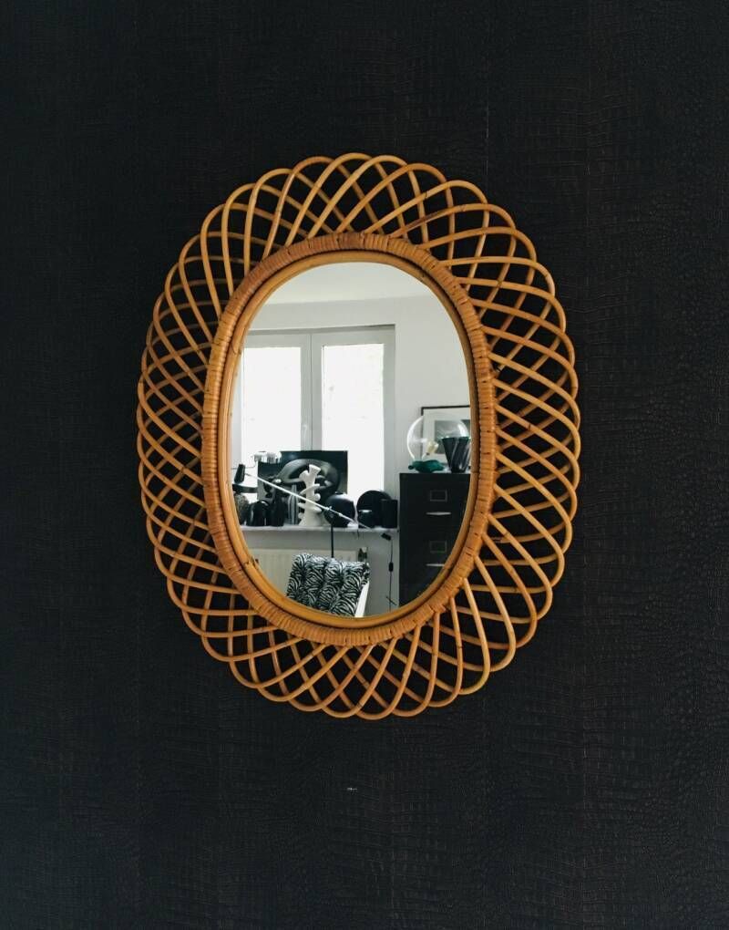 Mid Century Modern Boho Design Bamboo Ovale Spiegel Van Franco Albini Voor Bonacina, Italië, Ca. Jaren 1960 photo vintage