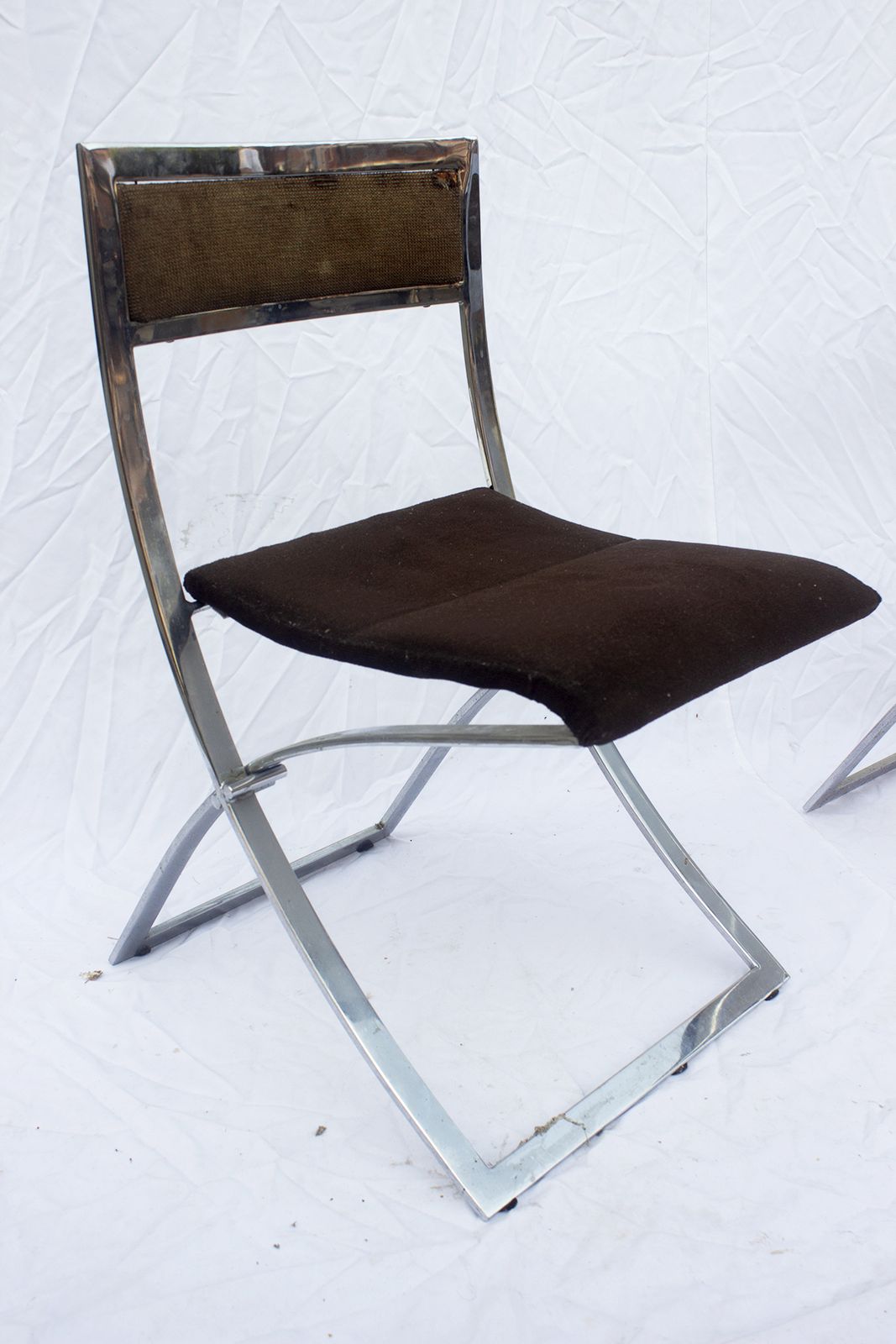 Stylish Pair Of 1970s Marcello Cuneo Luisa Folding Chairs – Italian Chrome With Luxe Brown Velvet photo Furniture