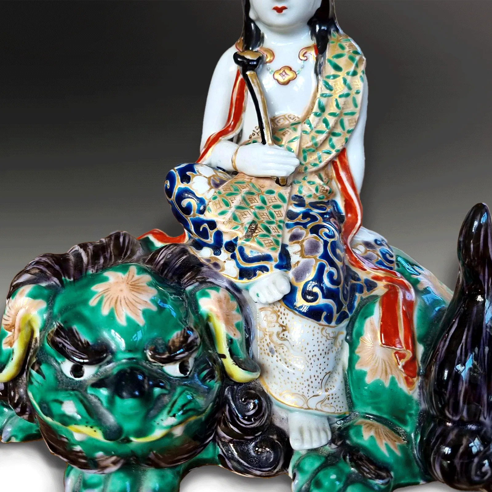 Japanese Meiji Period Kutani "Kannon On Shishi" Exceptionally Decorated 21cm W photo for sale