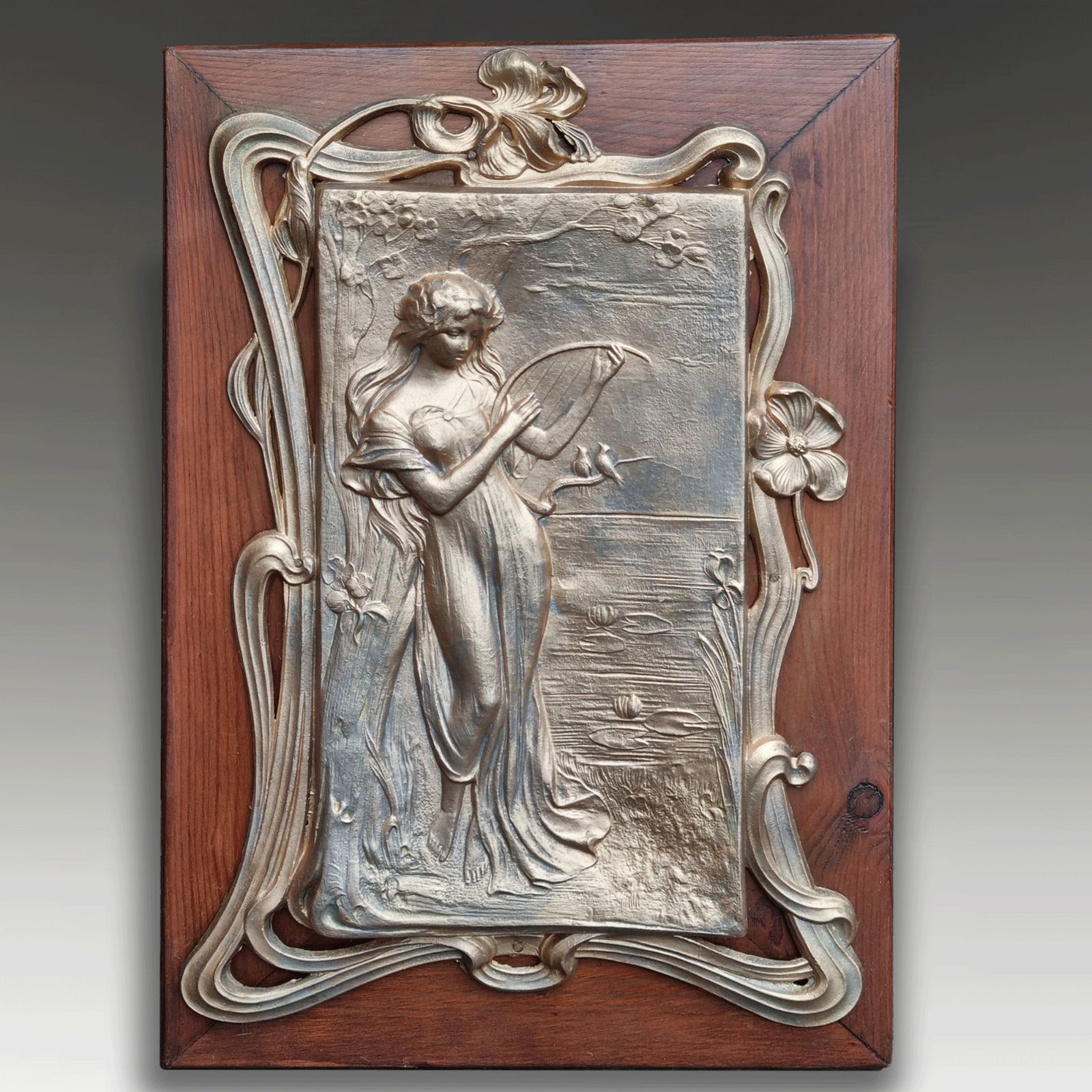 Pair Of Art Nouveau Gilded Pewter Plaques In Frames  Lovely Quality  C1895 43cmh photo for sale