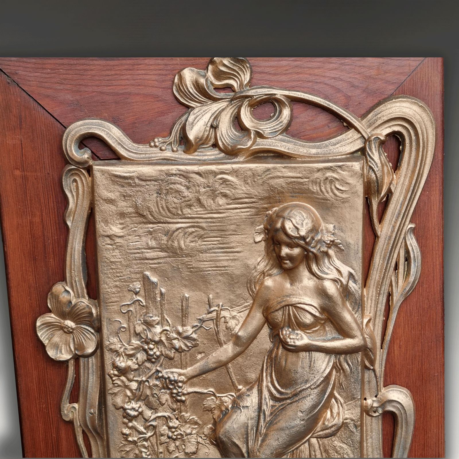Pair Of Art Nouveau Gilded Pewter Plaques In Frames  Lovely Quality  C1895 43cmh photo vinterior