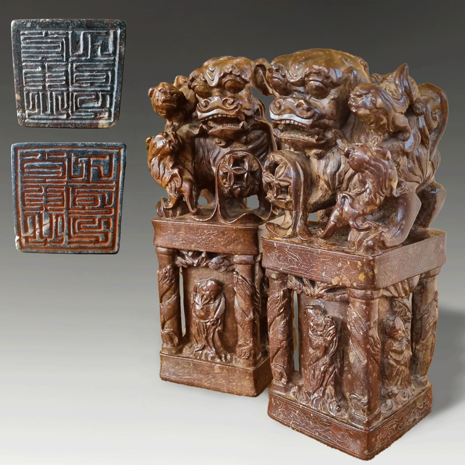 Antique Pair Chinese Carved Stone Seals "Buddhist Lions" C1820  Superb Quality