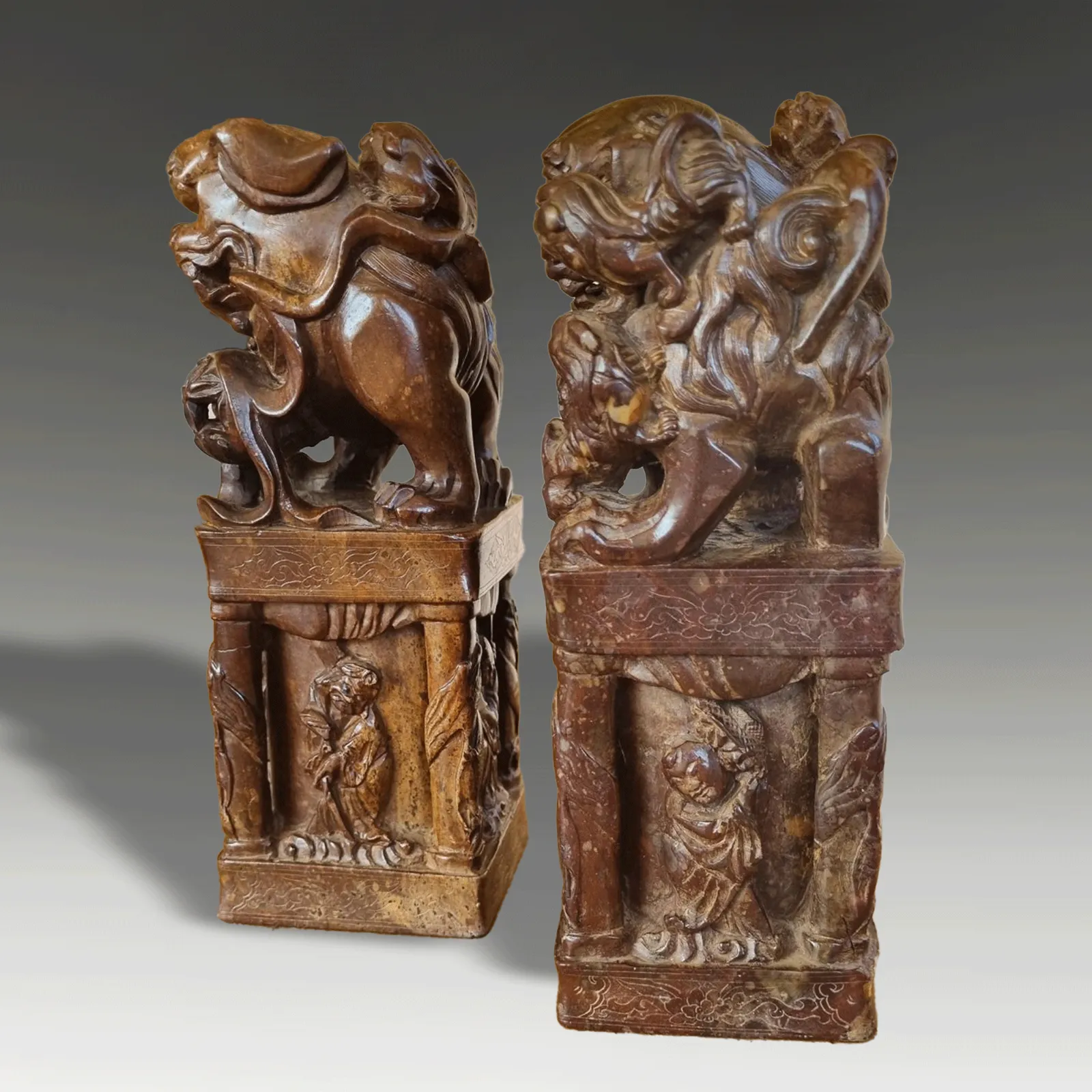 Antique Pair Chinese Carved Stone Seals "Buddhist Lions" C1820  Superb Quality photo for sale