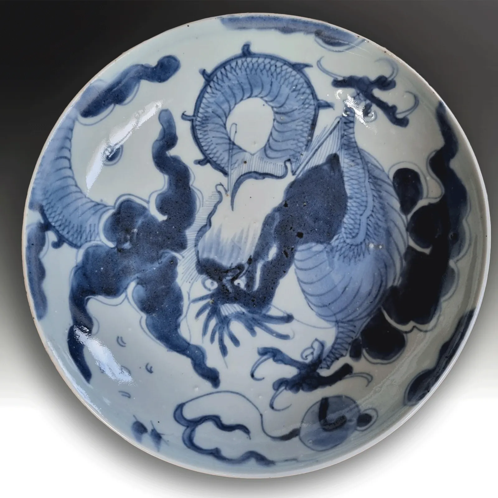Late Ming Dragon Plate  17th C  Underglaze Cobalt Blue & White  Superb 20cm W