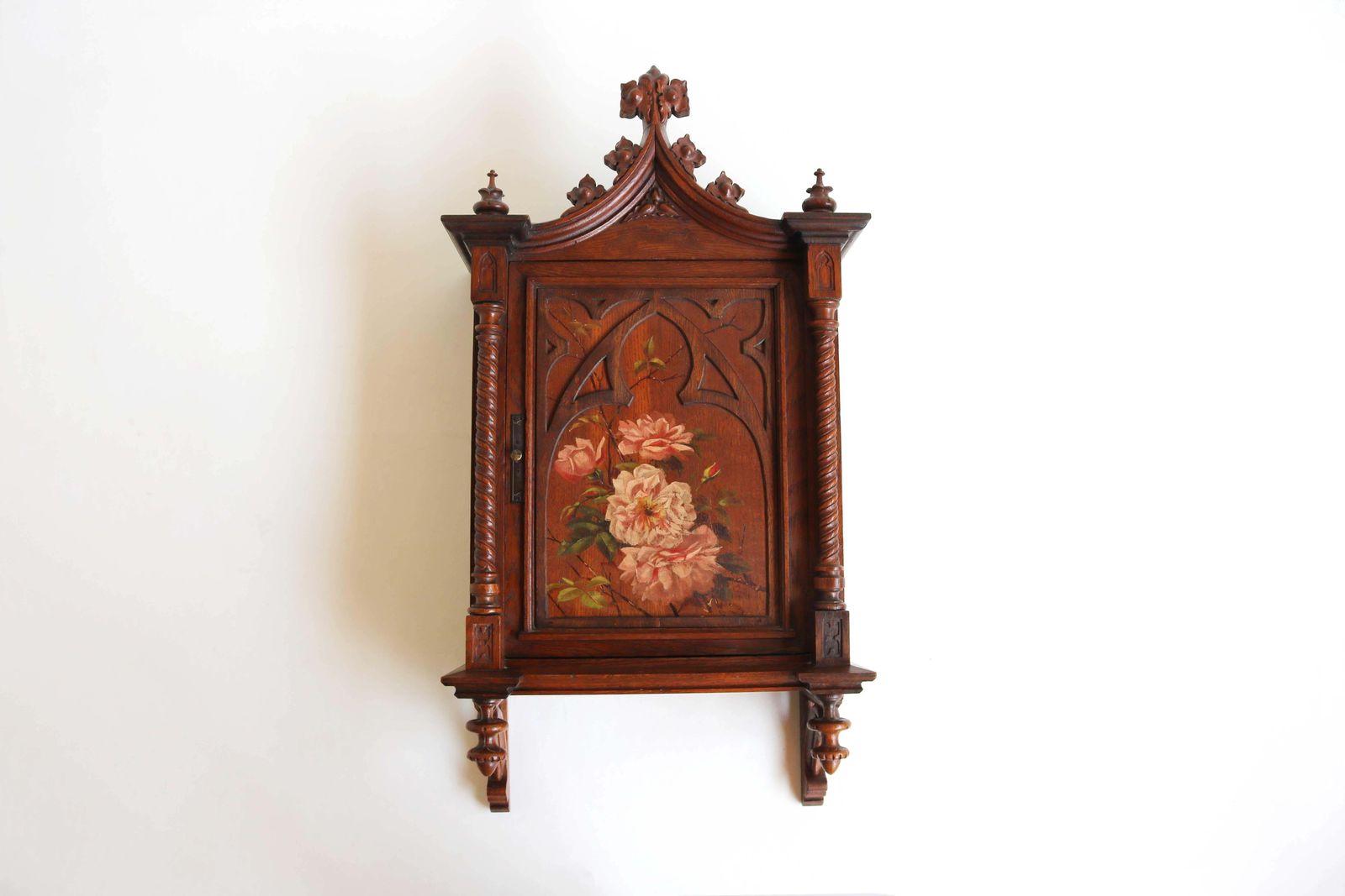 Antiek Klein Wandkastje Gothic Revival Handgesneden Eiken Geschilderd Gedraaide Zuilen Kerk photo furniture