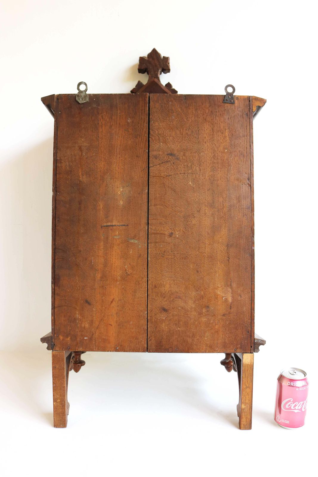 photo vintage Antique Small Wall Cabinet Gothic Revival Hand Carved Oak Painted Twist Church