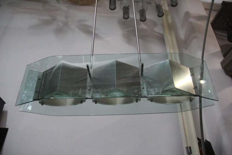 Bruno Gatta Chandelier Stilnovo Steel Crystall Mid Century Modern Italian Design photo Lighting