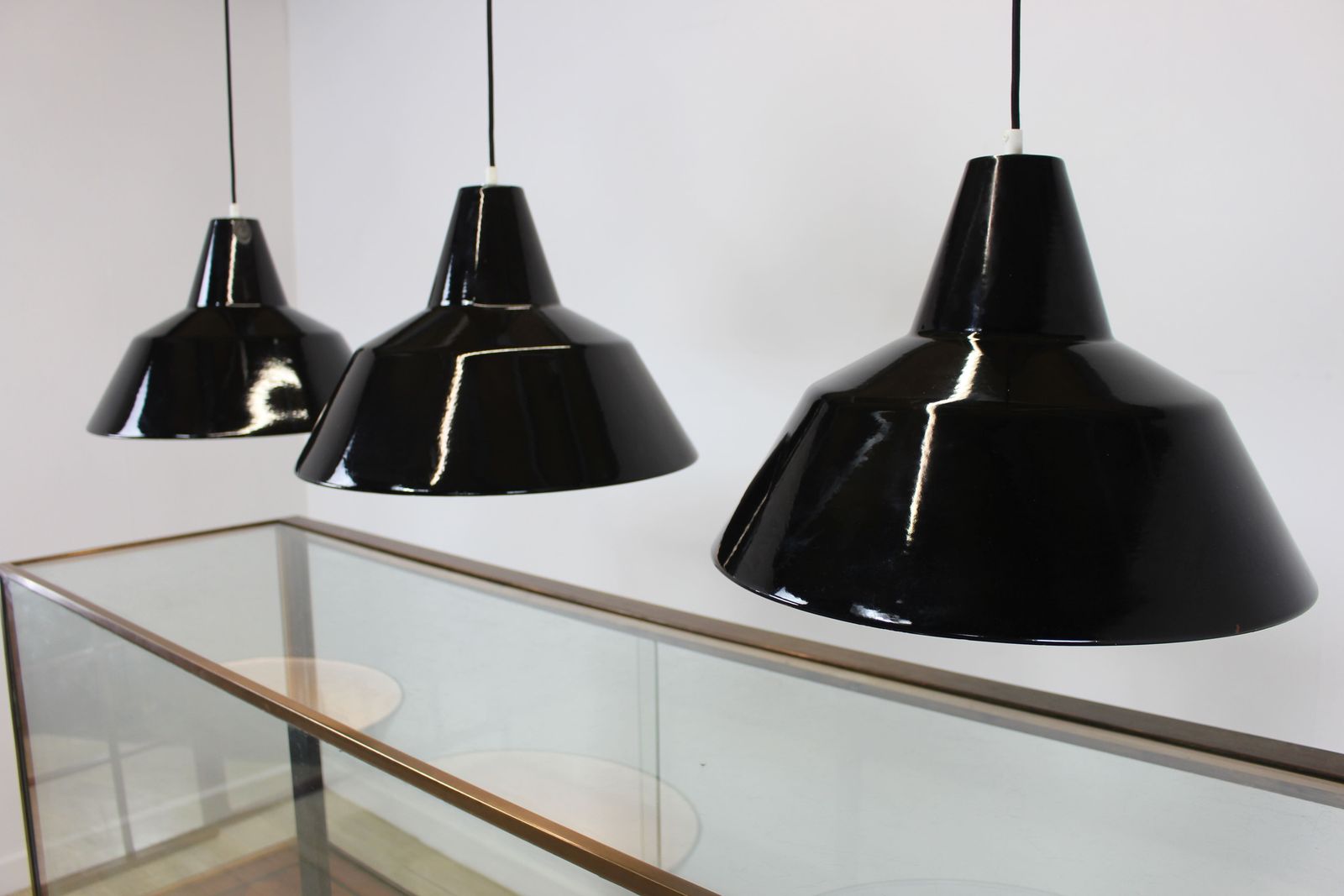 photo for sale Set Of 3 Large Mid Century Enamelled Metal Industrial Lamps