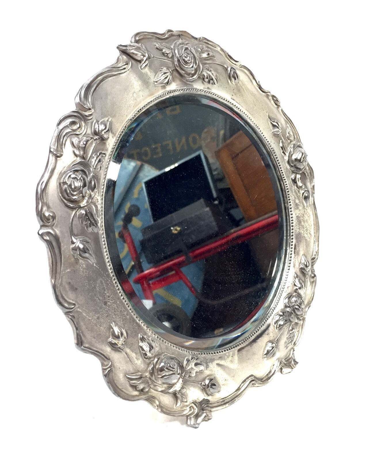 Antique Silverplated Tabletop Round Mirror Victorian Rococo Revival With Rose