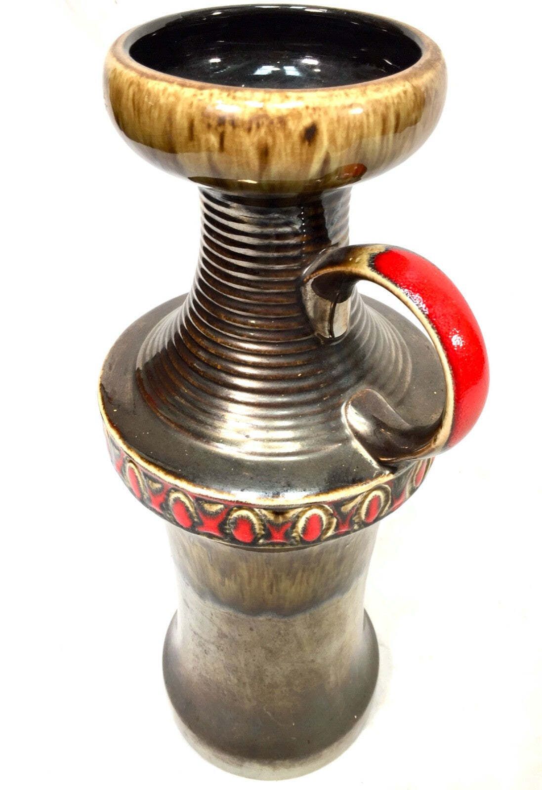 Vintage Large West German Jasba Pottery Vase Jug / Retro 1970s / Brown & Red photo for sale