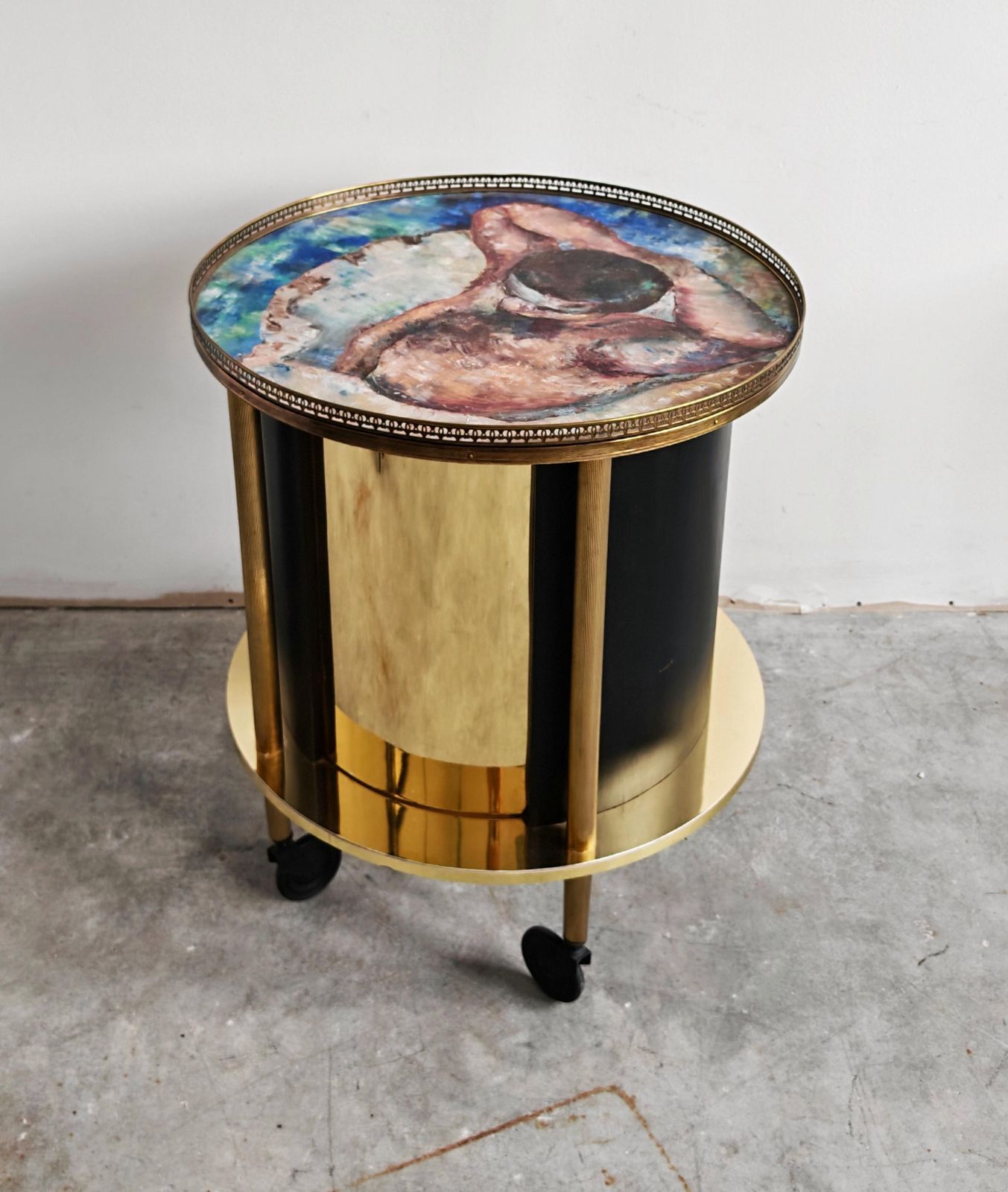 Round Hollywood Regency Brass Bar Cart With An Oil Painting On Top, Italy 1960s photo furniture