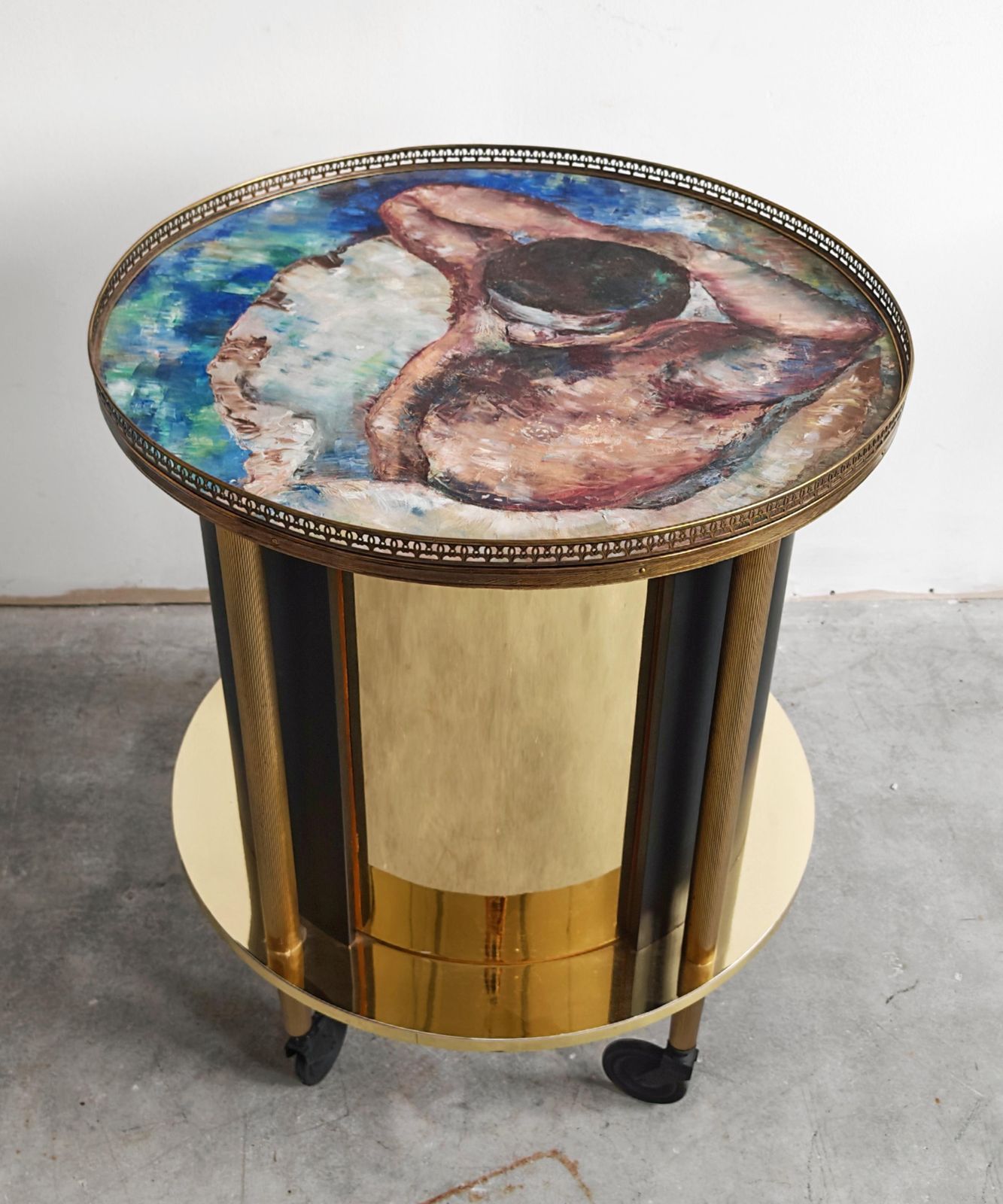 Round Hollywood Regency Brass Bar Cart With An Oil Painting On Top, Italy 1960s photo 3400.0