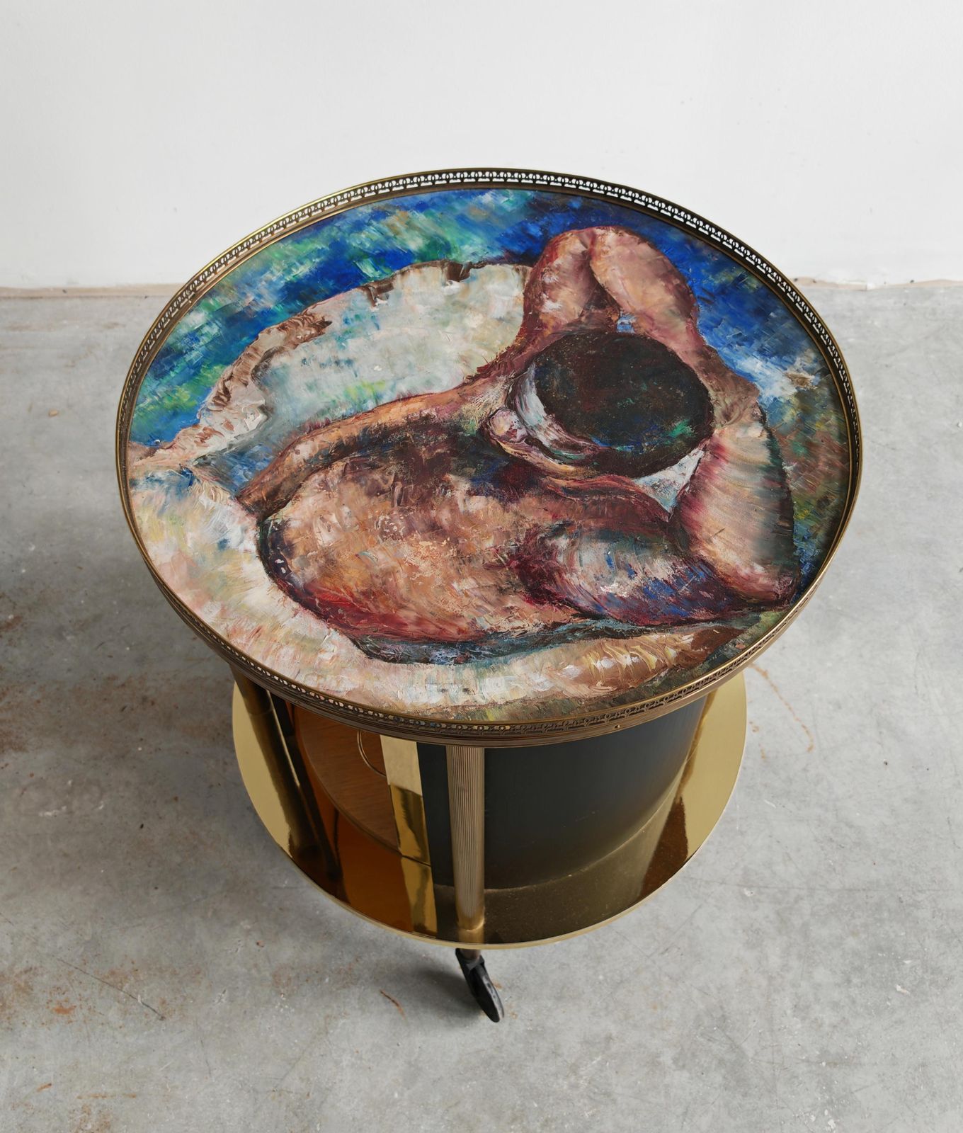 Round Hollywood Regency Brass Bar Cart With An Oil Painting On Top, Italy 1960s photo buy