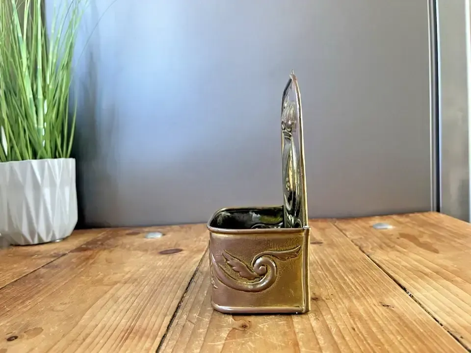 Antique French 19th Century Brass Fireside Candle Box Heraldic Crown Shield photo vintage