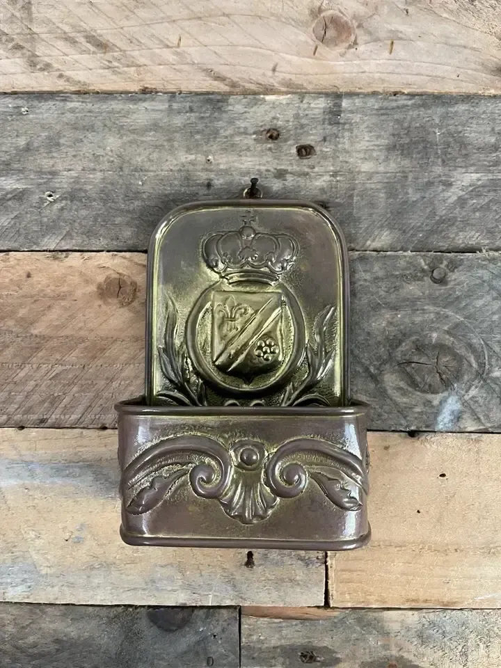 125.0 Antique French 19th Century Brass Fireside Candle Box Heraldic Crown Shield photo