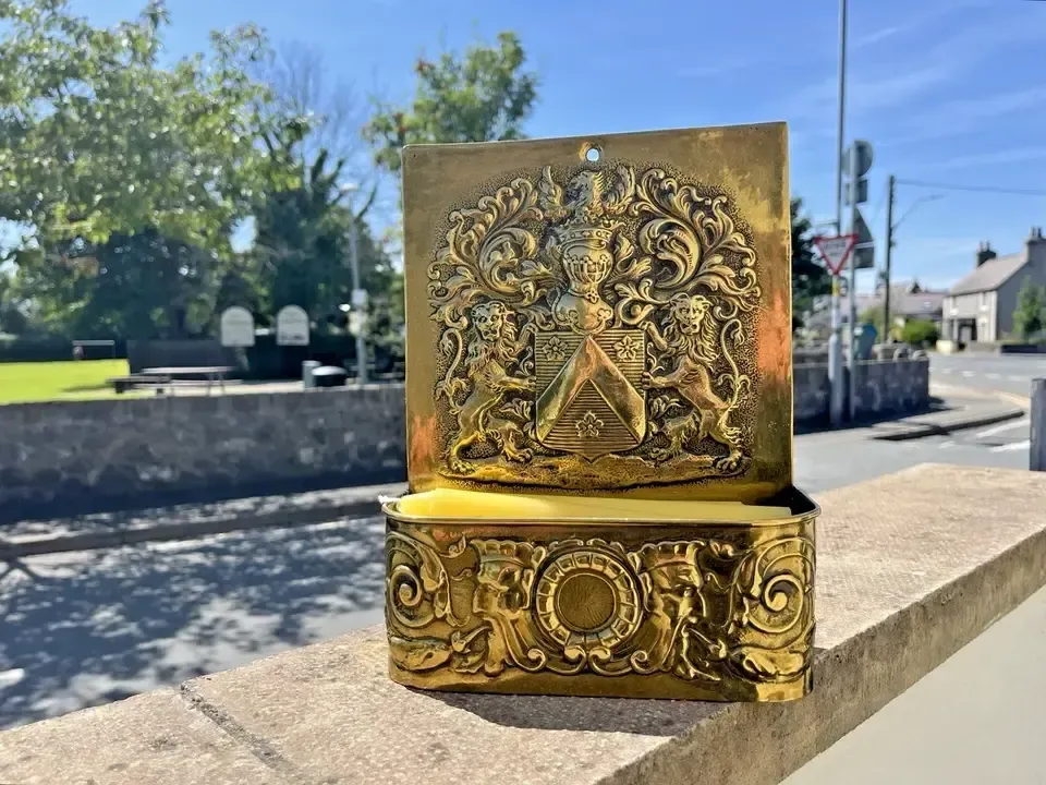 Antique Dutch 19th Century Brass Fireside Candle Box Armour Knight Shield Lions photo furniture