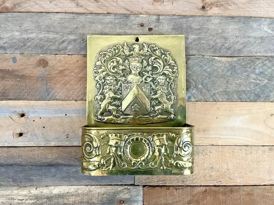 photo furniture Antique Dutch 19th Century Brass Fireside Candle Box Armour Knight Shield Lions