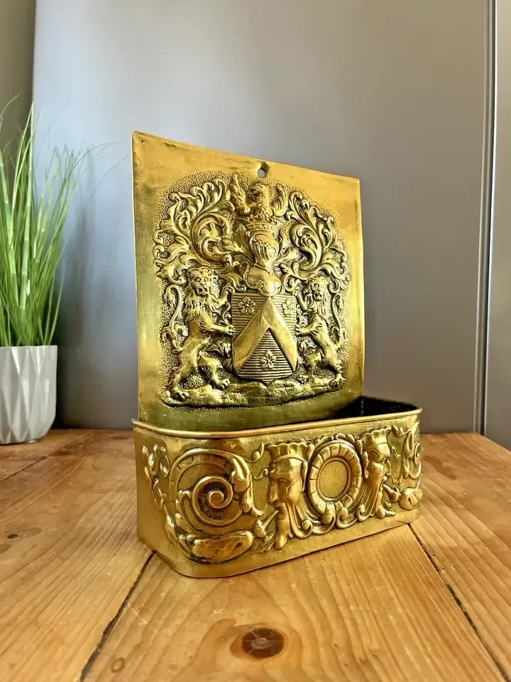 photo for sale Antique Dutch 19th Century Brass Fireside Candle Box Armour Knight Shield Lions