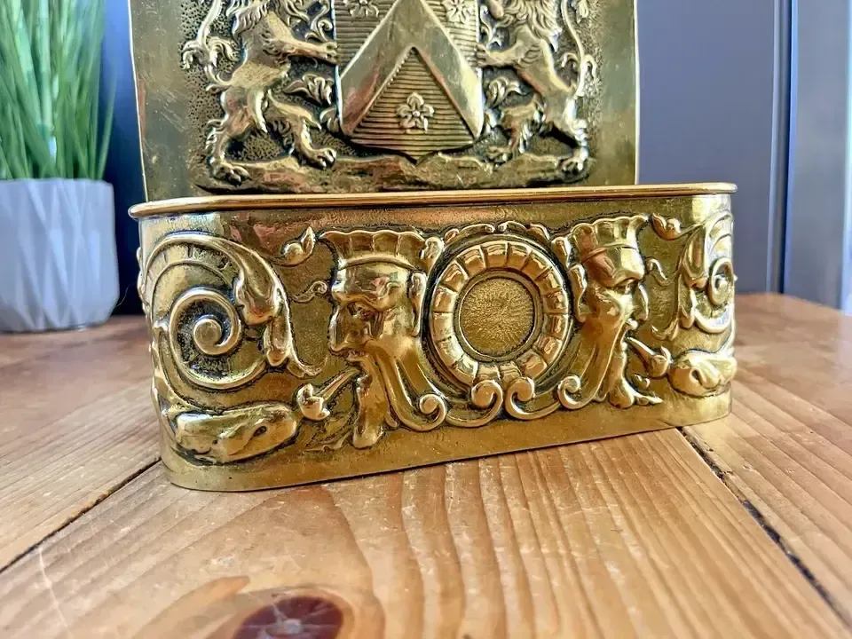 photo buy Antique Dutch 19th Century Brass Fireside Candle Box Armour Knight Shield Lions