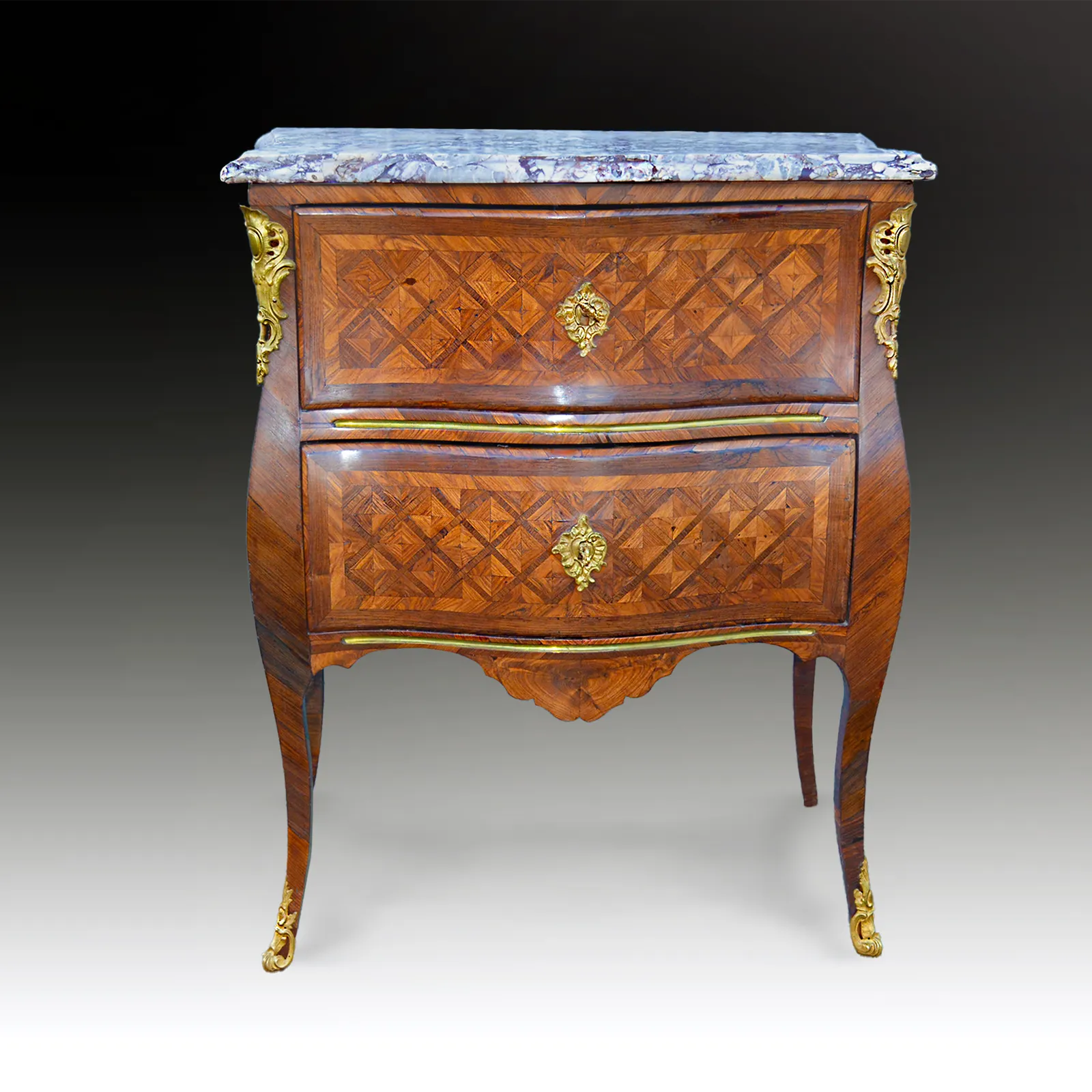 Louis XV Parquetry French Kingwood Commode, Gilt Bronze Mounts
