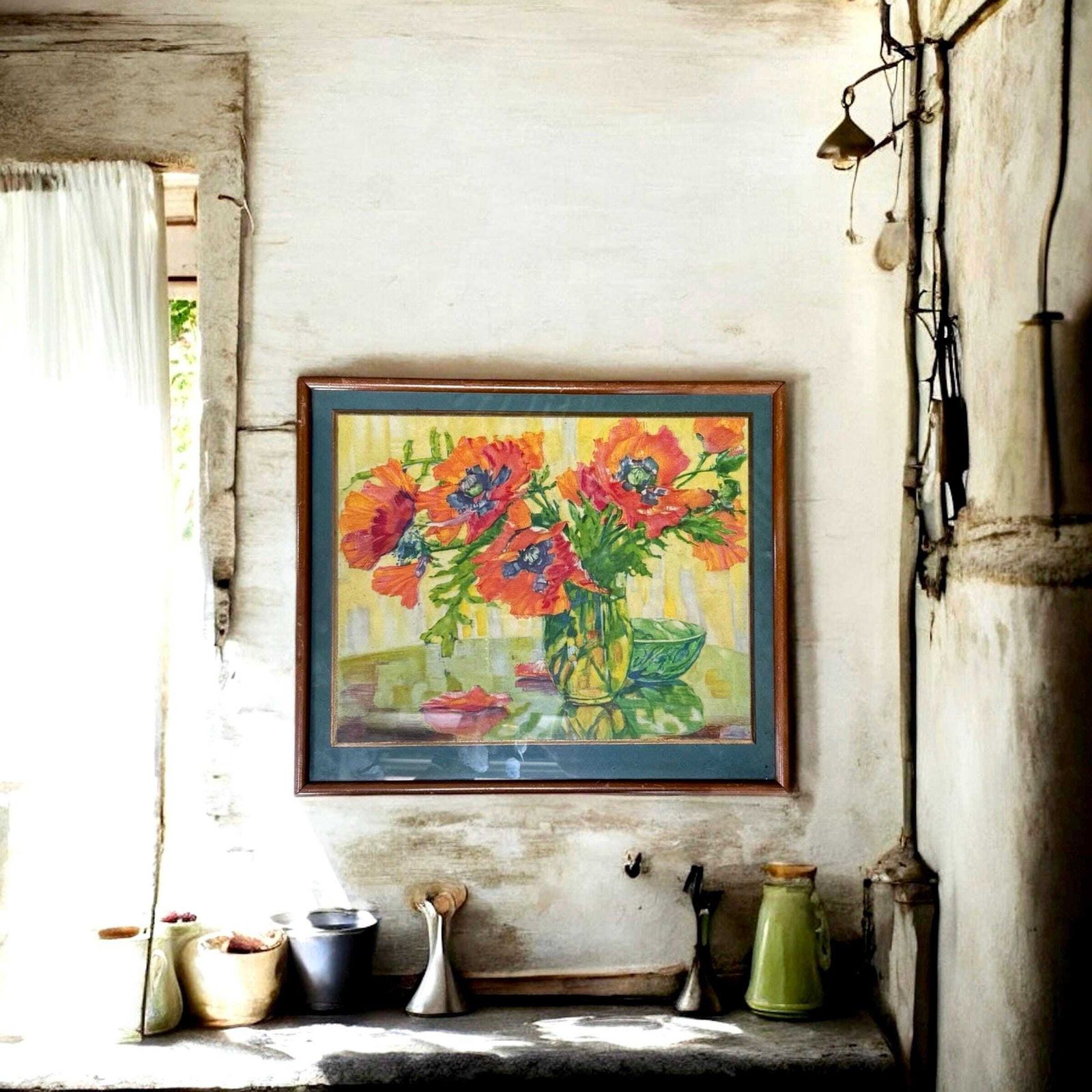 Vintage Framed Floral Watercolour Painting: Poppies, Signed Artwork. photo furniture