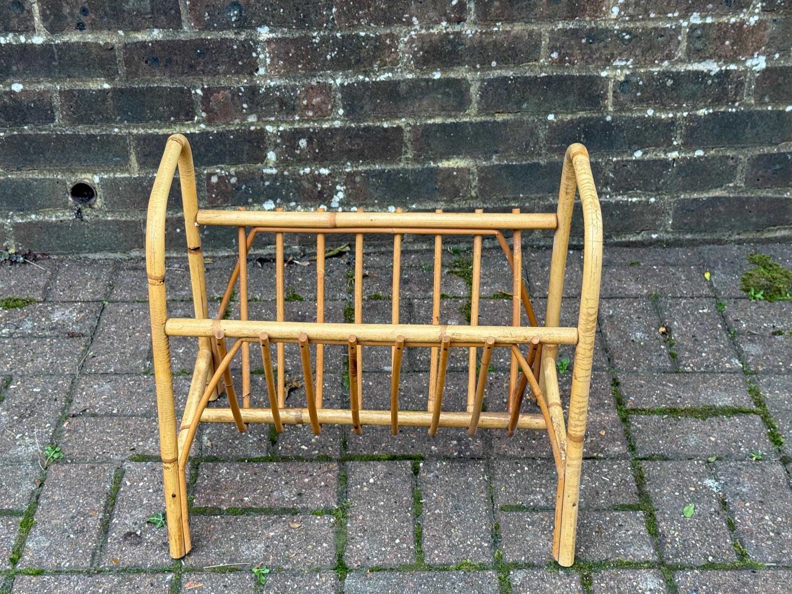 Vintage 1960s Rattan Magazine Rack – Mid Century Bamboo Magazine Holder, Boho Coastal Cane Storage, Retro Home Decor photo for sale