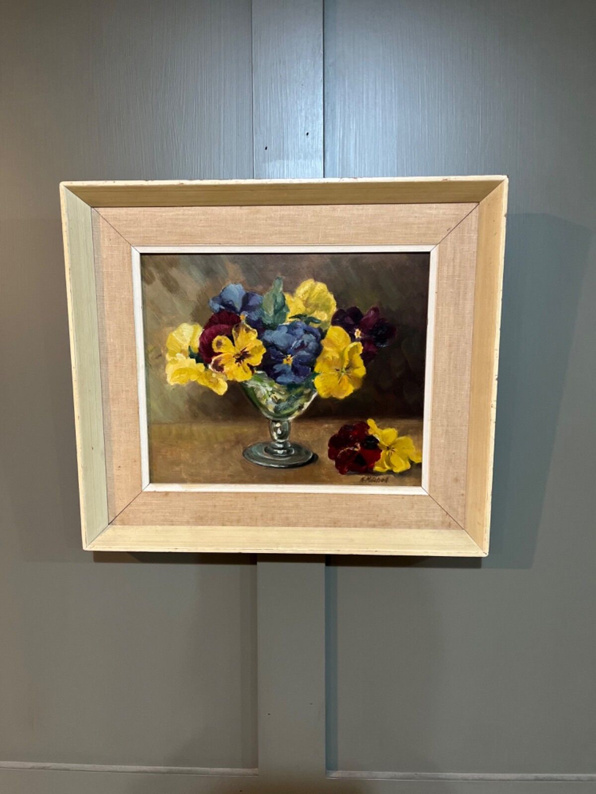 Vintage Oil Painting Signed By Artist N. Mitchell Still Life Pansies photo furniture