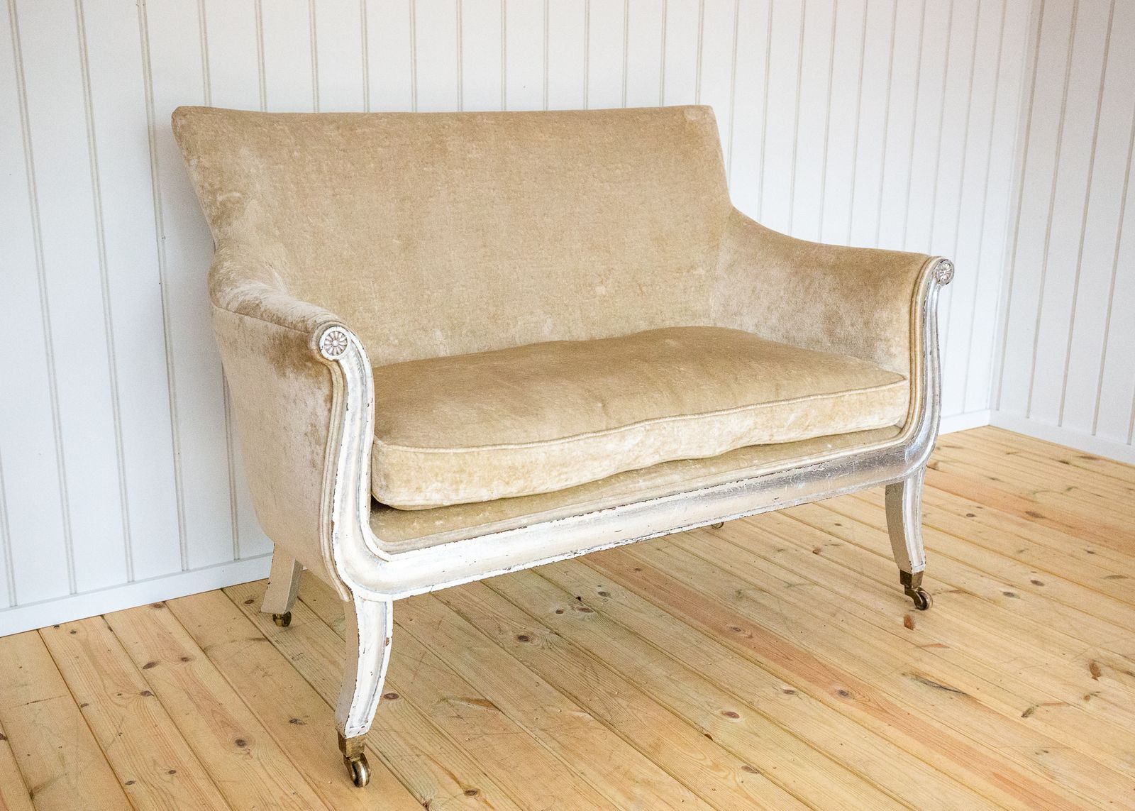 French Restauration Period Sofa 2 Seater Luxury Champagne Crushed Velvet Biedermeier Charles X Restoration Period Antique Silver Sleigh Scrolled 1830 photo furniture