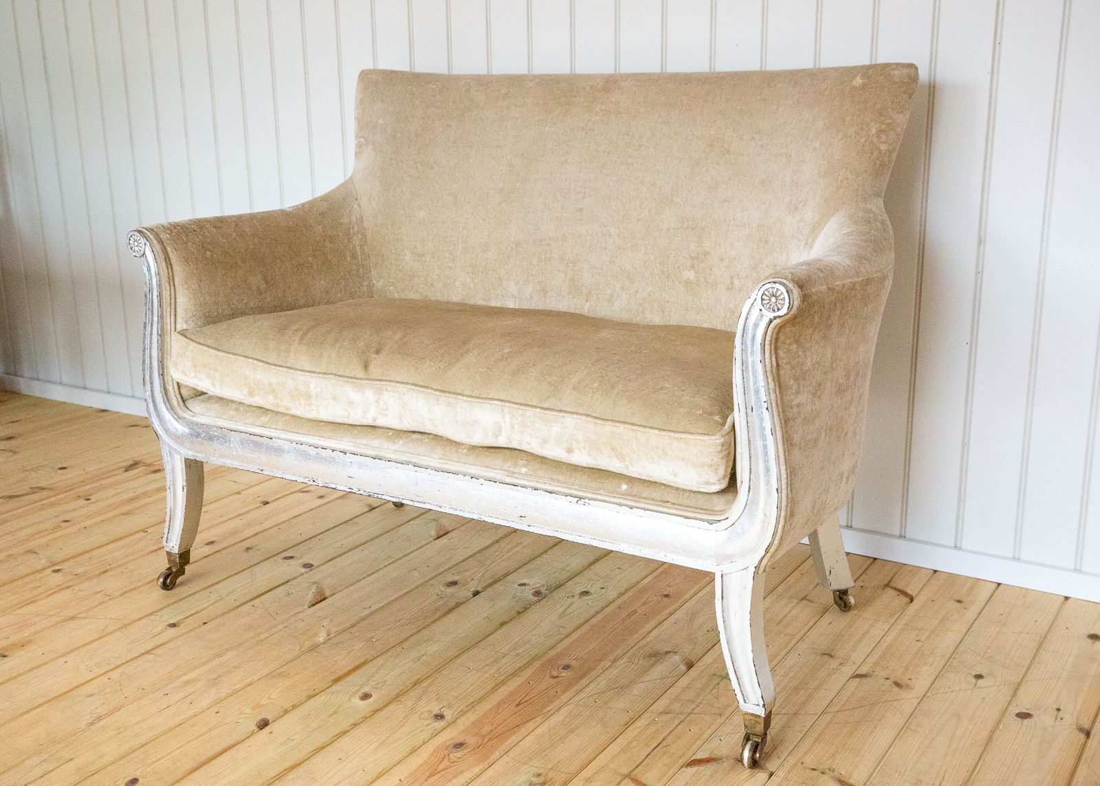French Restauration Period Sofa 2 Seater Luxury Champagne Crushed Velvet Biedermeier Charles X Restoration Period Antique Silver Sleigh Scrolled 1830 photo for sale