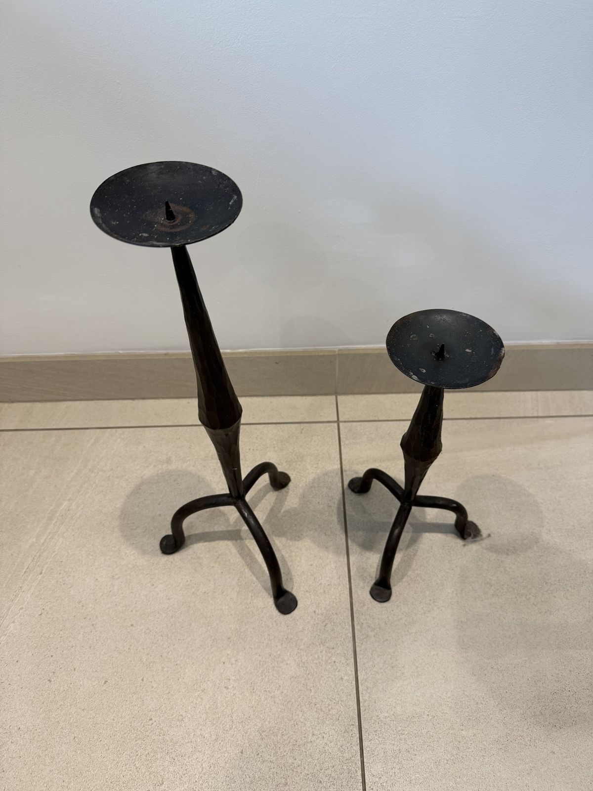 Vintage Candle Holders In Hand Forged Wrought Iron With Tripod Feet photo for sale