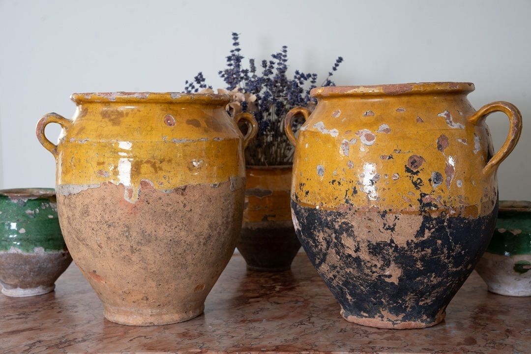 A Pair Of Yellow Glazed Antique Confit Pots