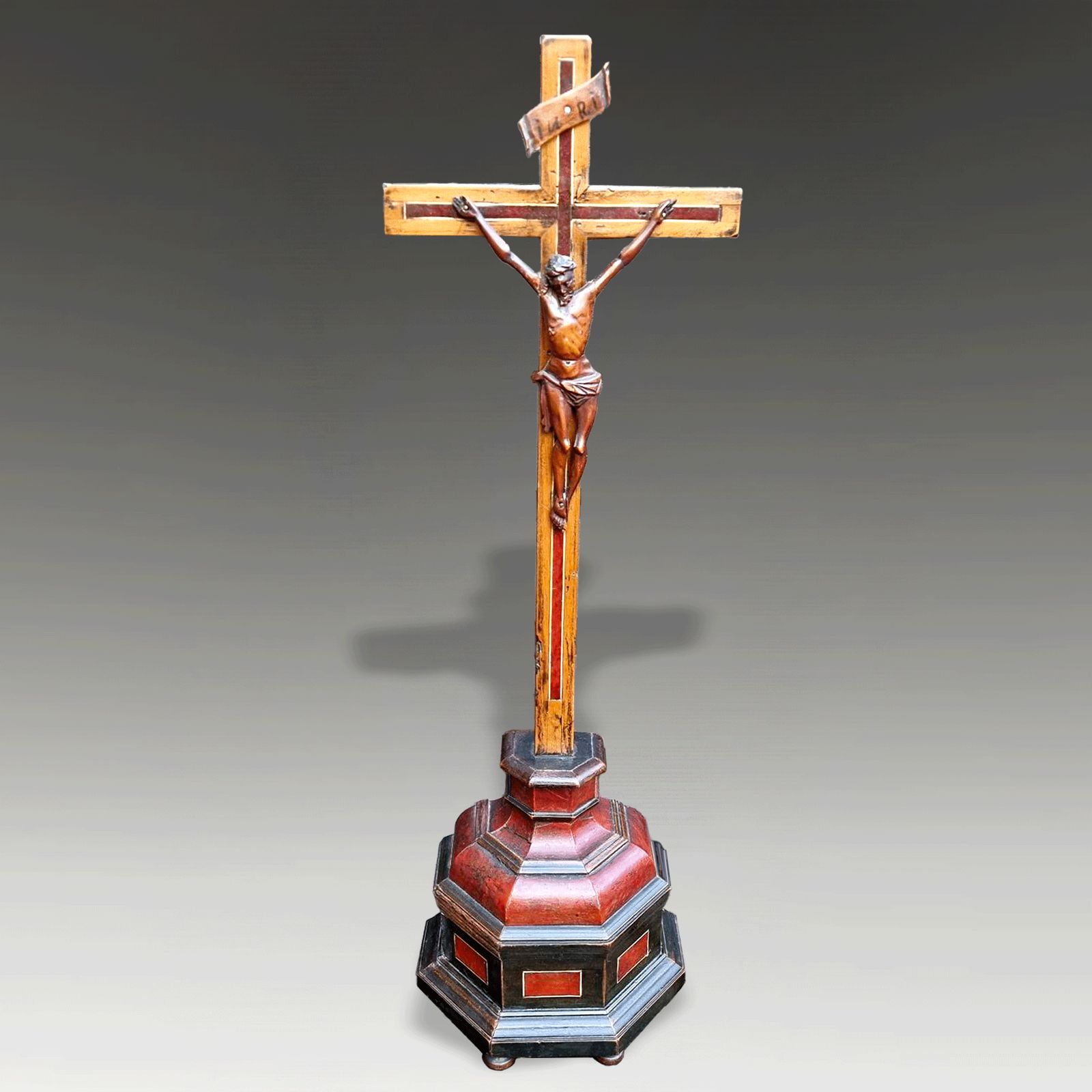 18thc Flemish Red Tortoiseshell & Fruitwood Corpus Christi Crucifix   52cm Tall