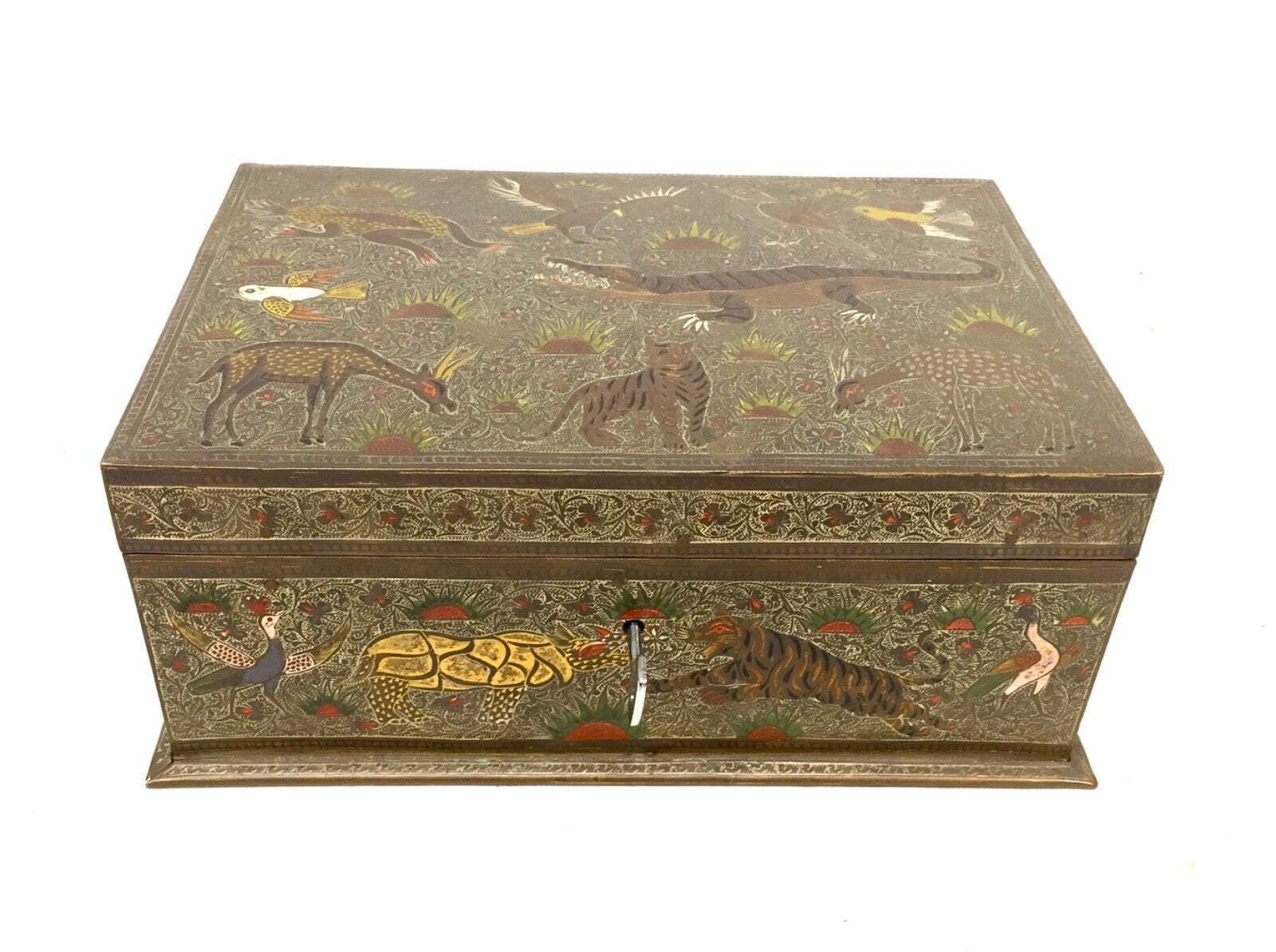 Antique Eastern Kashmiri Brass & Enamel Humidor Storage Box With Key Cedar Wood photo furniture