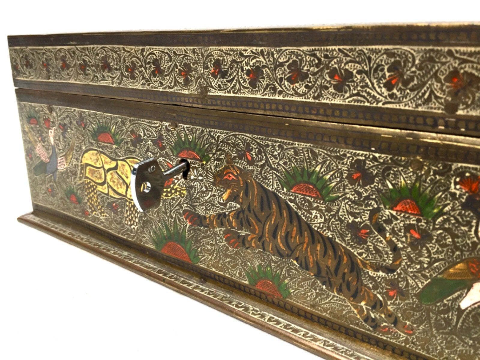 Antique Eastern Kashmiri Brass & Enamel Humidor Storage Box With Key Cedar Wood photo vinterior