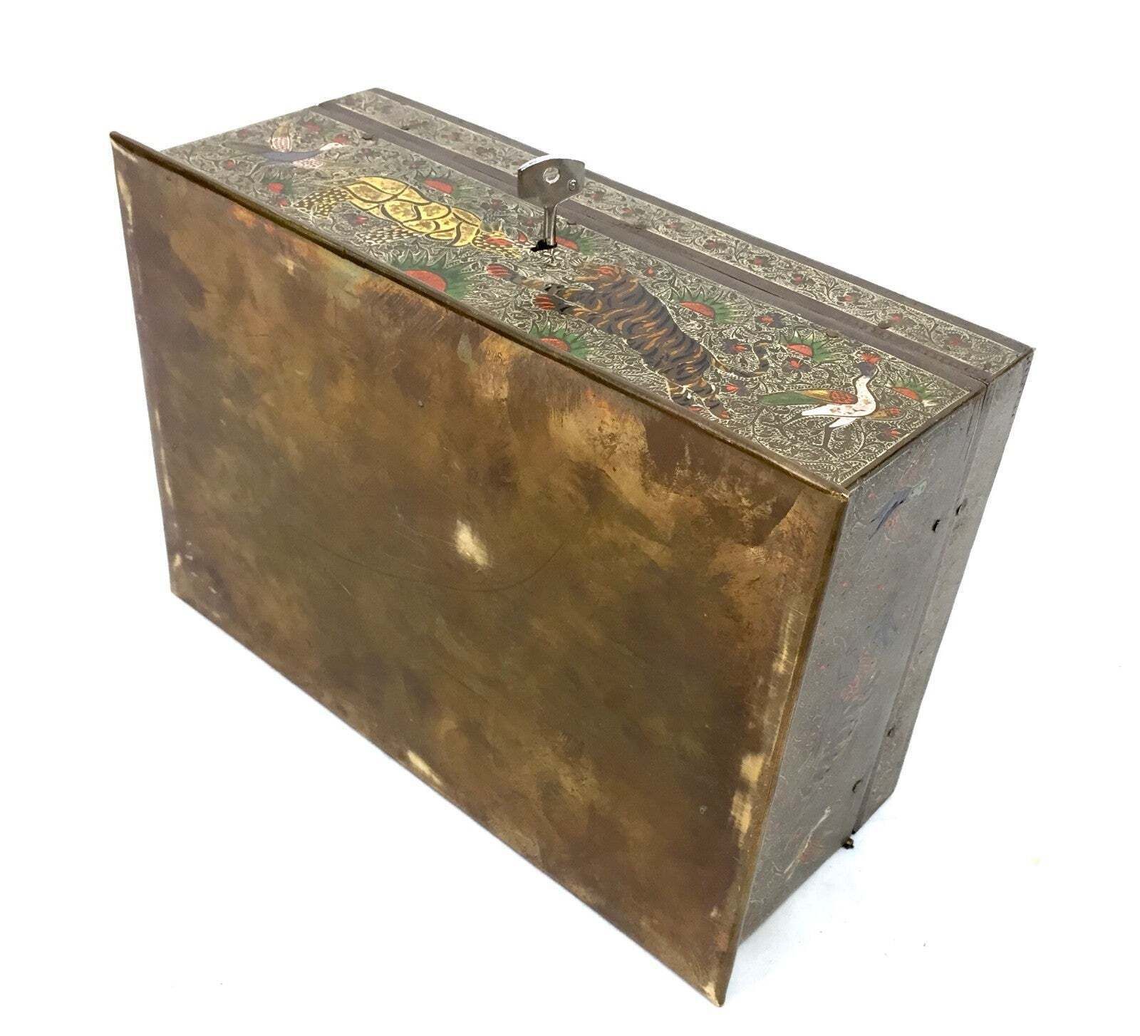 Home Decor Antique Eastern Kashmiri Brass & Enamel Humidor Storage Box With Key Cedar Wood photo