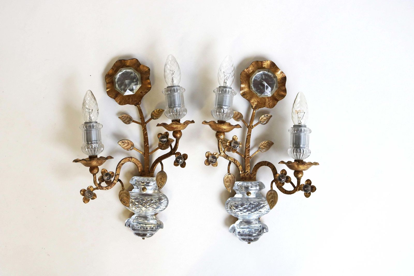 Rare Maison Baguès Set Of Two Gilt ‘Rose’ Scones French Crystal Wall Lamps 1960s photo buy