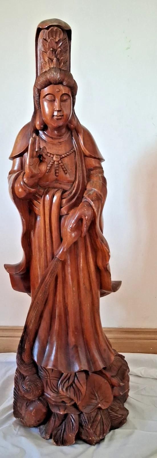 Antique Large Wood Carved Guan Yin Buddha Statue 102cm Height
