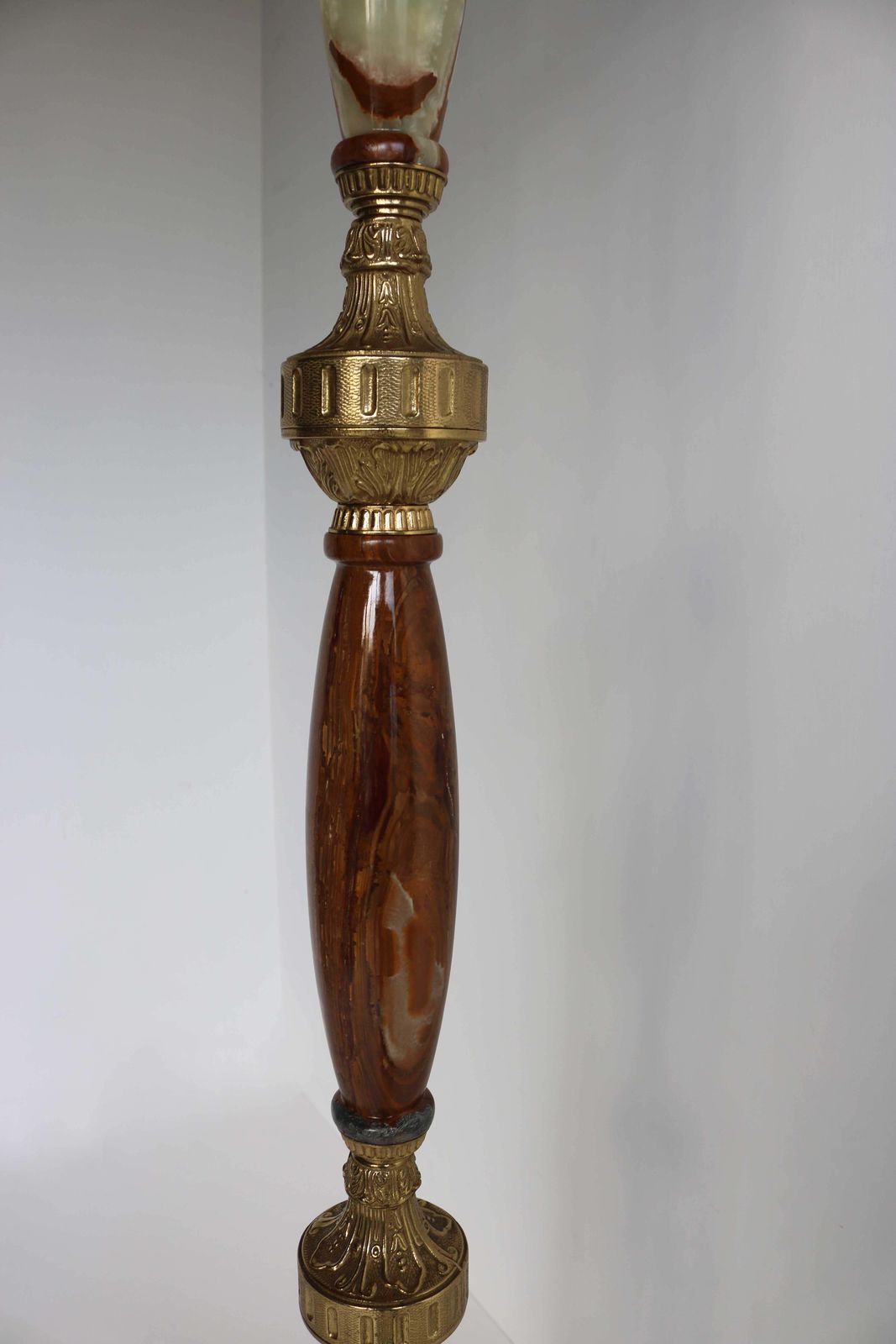 Furniture Italian Ornate Antique Brass & Onyx Brown Marble Coat Hat Rack Hall Tree, 1950s photo