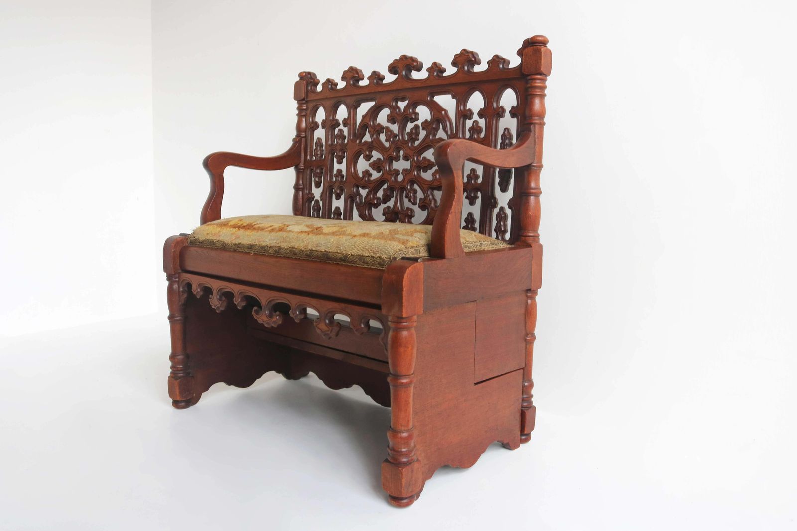 photo for sale Petite Antique French Gothic Revival Wood Hall Bench Child Settle Library Steps