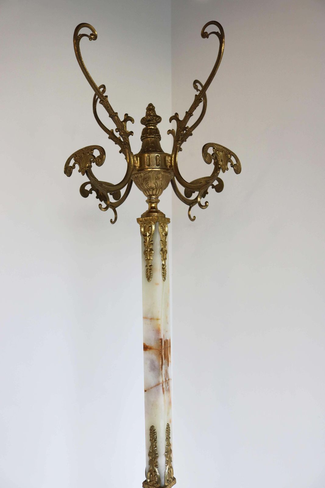 Italian Ornate Antique Brass & Onyx Square Marble Coat Hat Rack Hall Tree Stand photo for sale