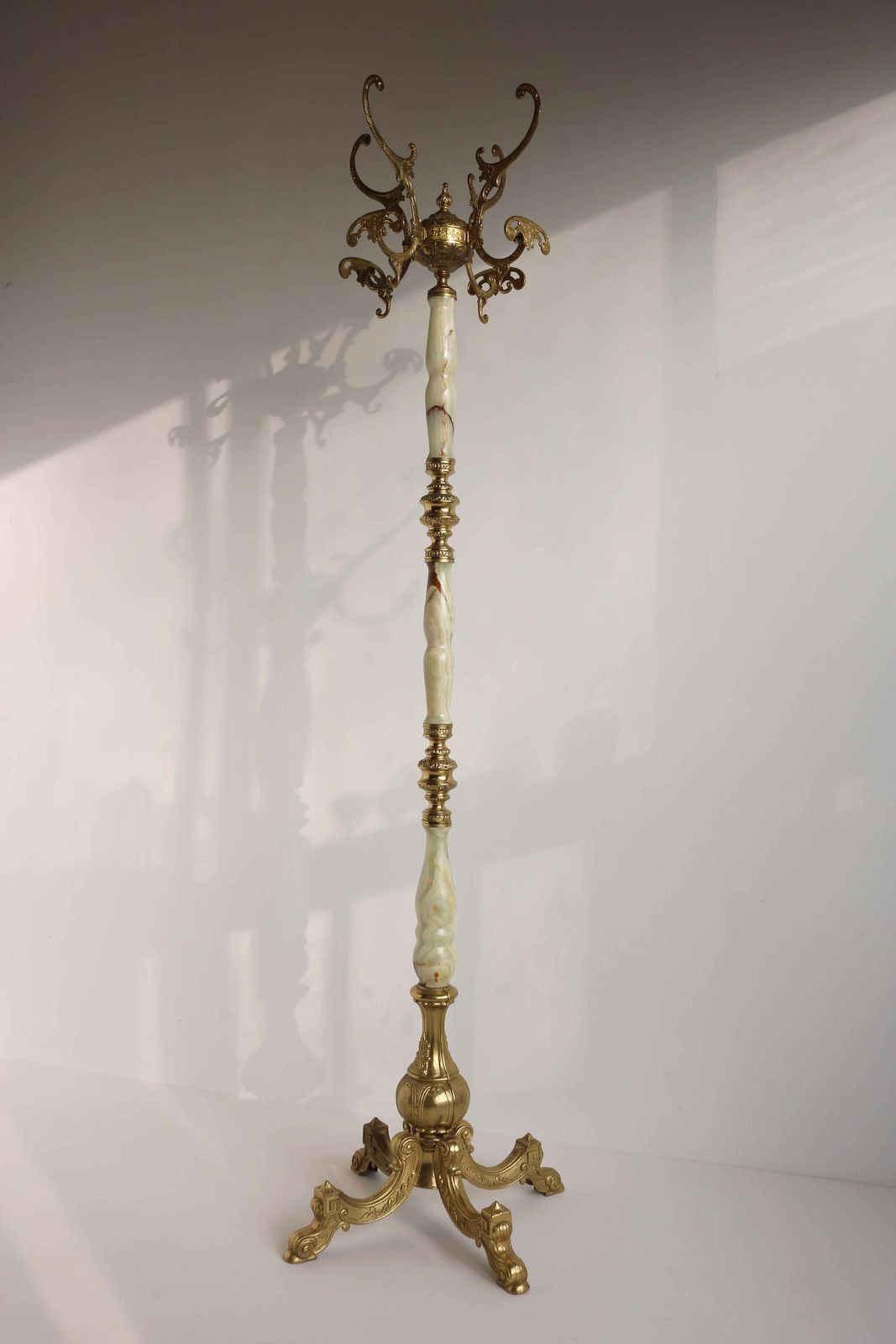 Furniture Italian Ornate Antique Brass & Onyx Round Marble Coat Hat Rack Hall Tree 1950s photo