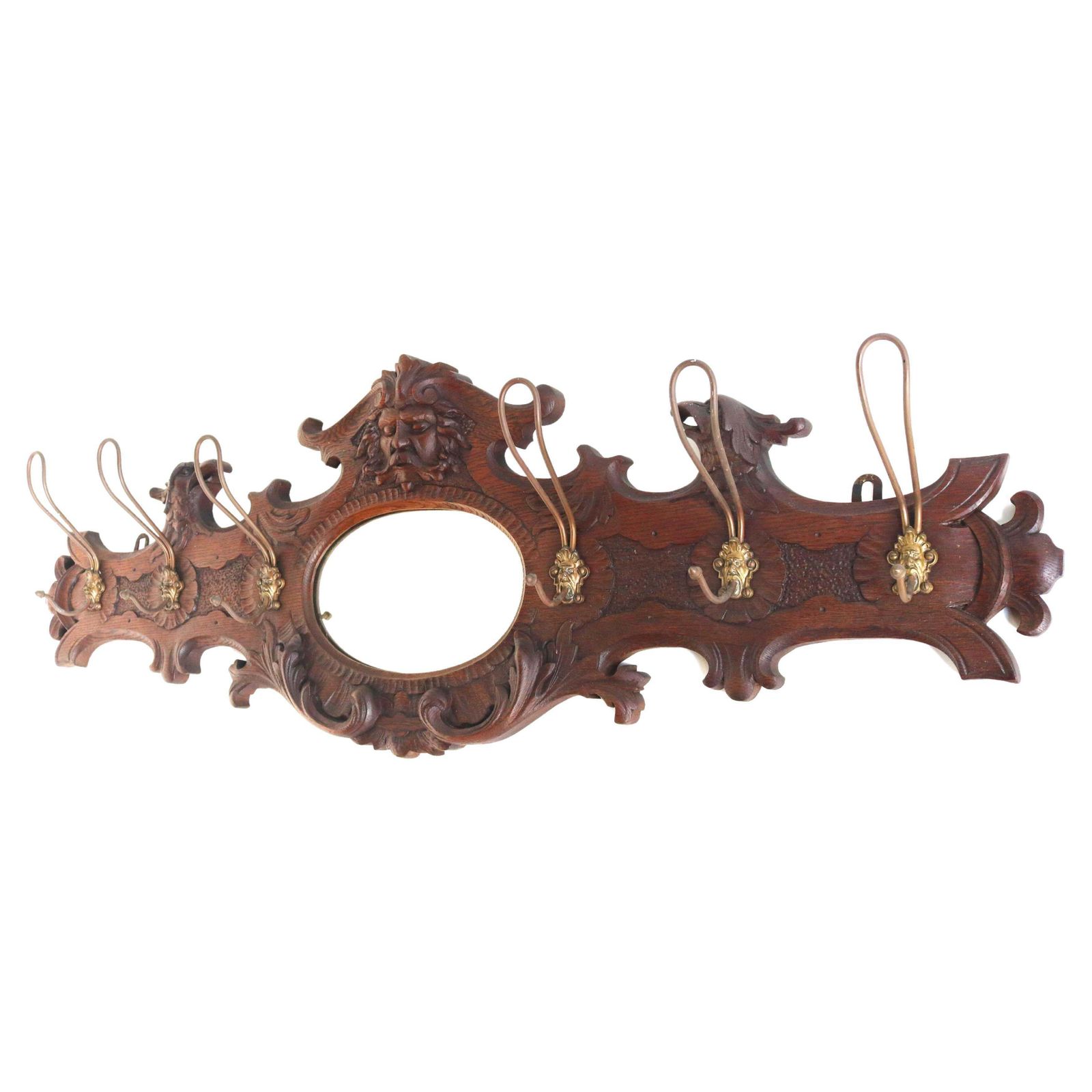 Antieke Houten Kapstok Met Gesneden Masker En Adelaar, Spiegel En Messing Haken, 19e Eeuw photo furniture