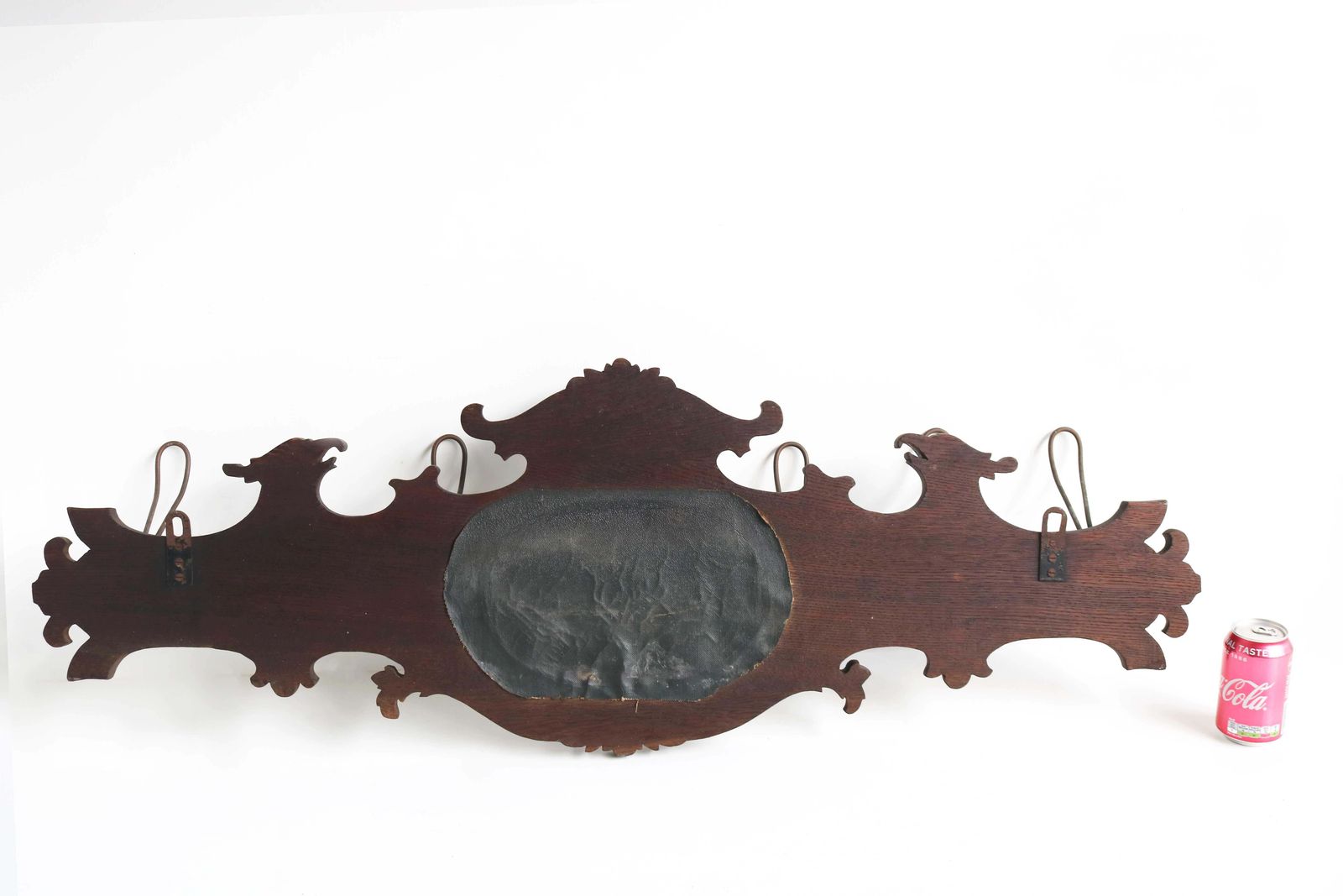 photo buy Antique Coat Rack Wood Carved Mask And Eagle, Mirror, Brass Hooks 19th Century