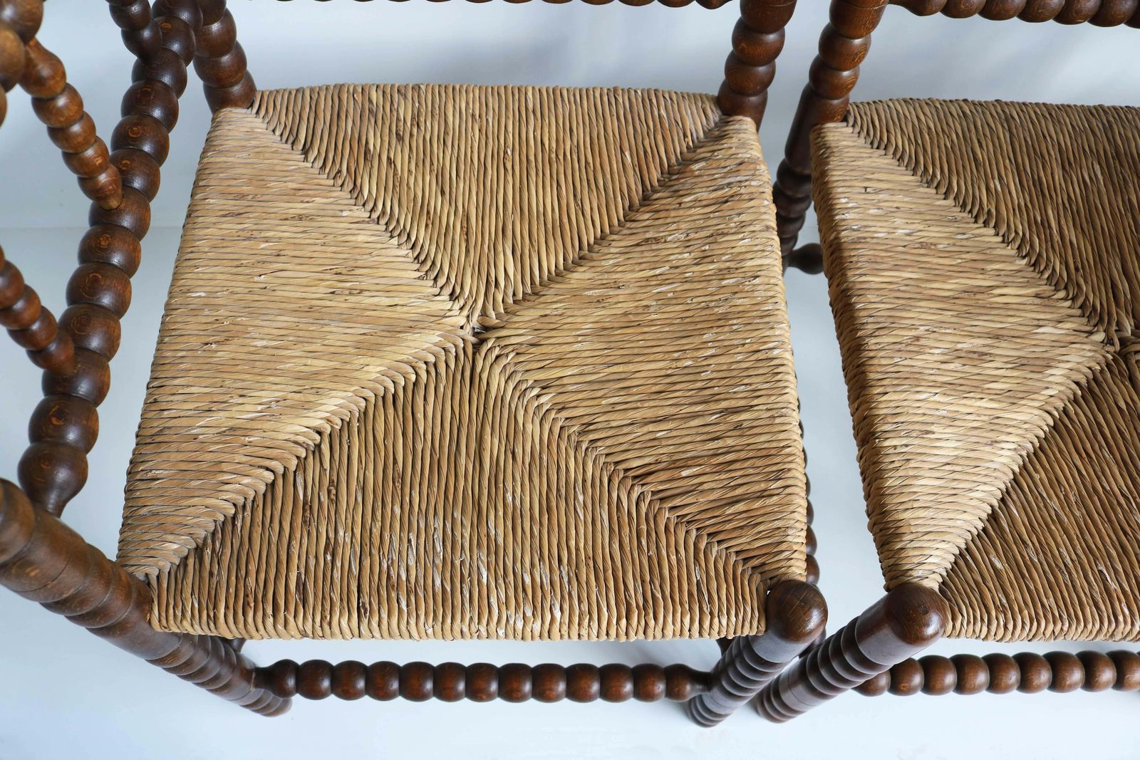 photo vinterior Antique Set , Three Rush Seat Oak Corner Bobbin Side Knitting Chairs With Table