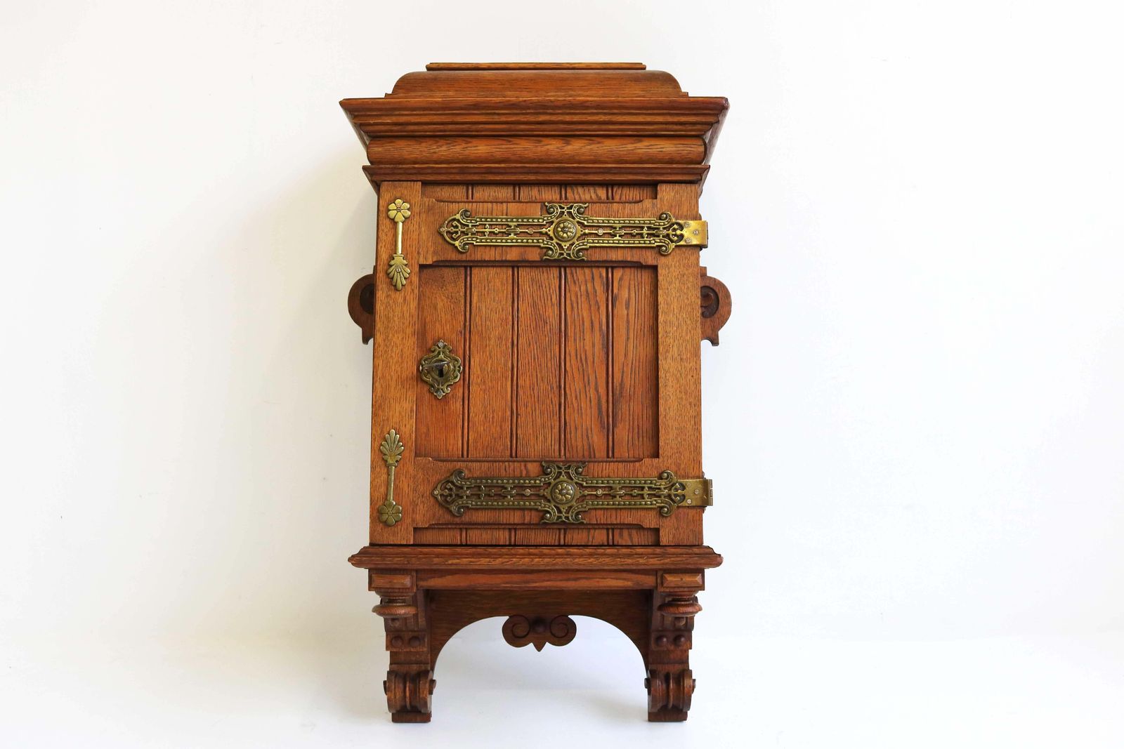 Antique Arts And Crafts Hand Carved Small Wall Cabinet European Oak Brass, 1900s photo Furniture