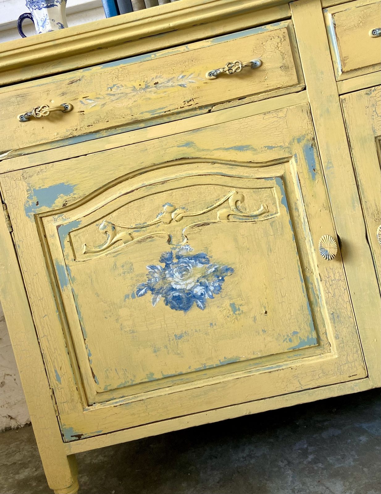 Furniture Sideboard Yellow With Blue Roses photo