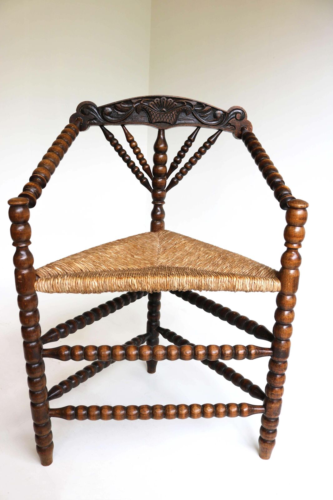 Antique Dutch Triangular Turned Bobbin Corner Chair Rush Seat Knitting Armchair photo furniture