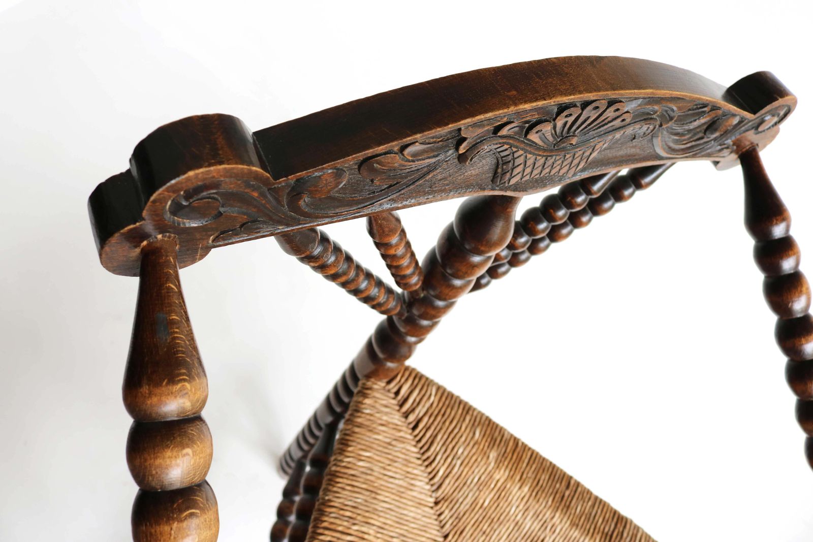 Antique Dutch Triangular Turned Bobbin Corner Chair Rush Seat Knitting Armchair photo vintage